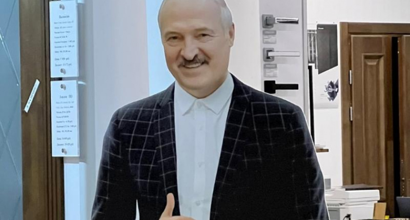 Картонный Лукашенко рекламирует двери в воронежском торговом центре