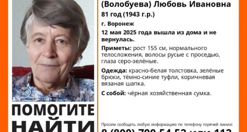 В Воронеже разыскивают 81-летнюю пенсионерку, пропавшую 12 мая