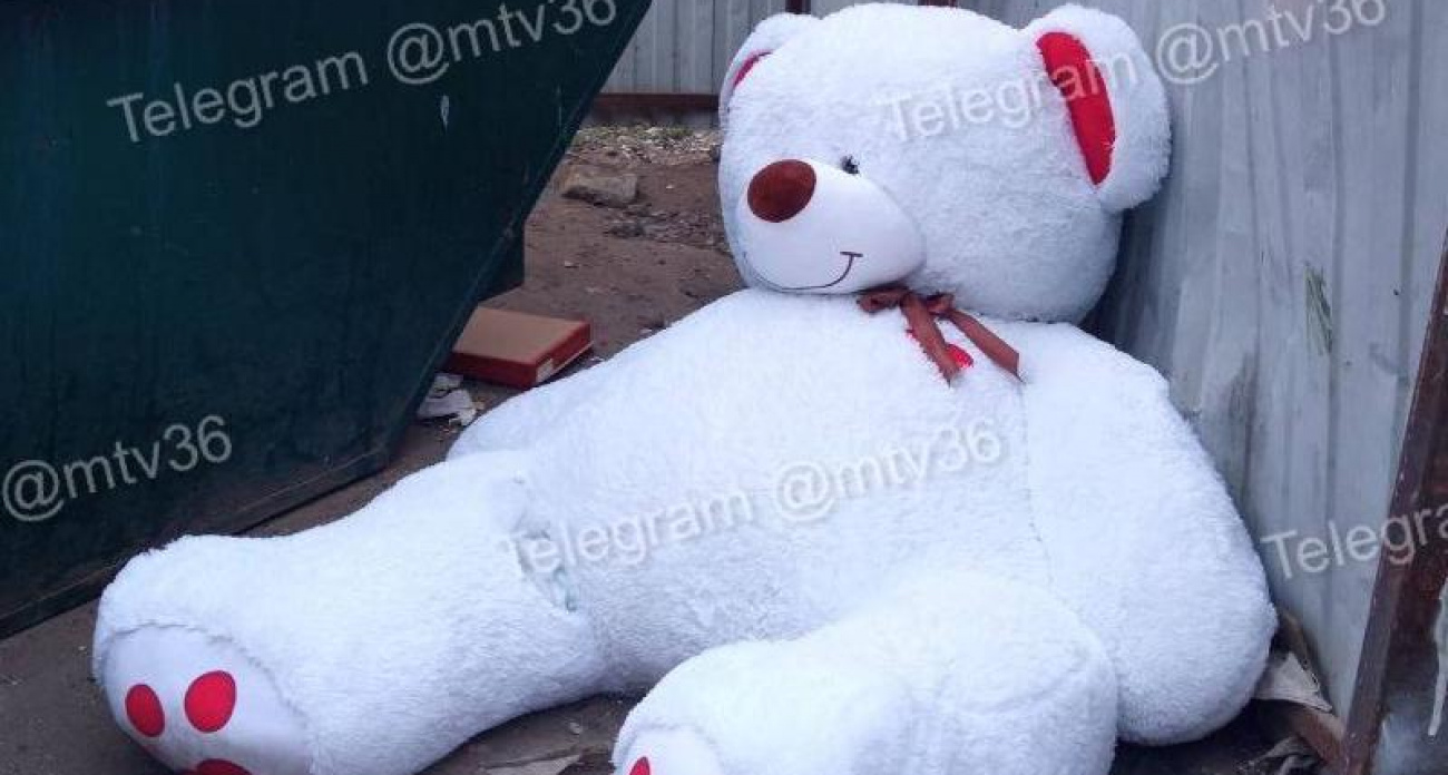 Огромного плюшевого мишку от бывшего бросили у мусорки в переулке Ольховый