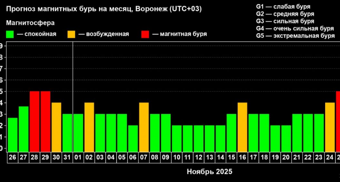 Магнитная буря G1 накроет Воронежскую область: пик колебаний придется на 21:00 вторника