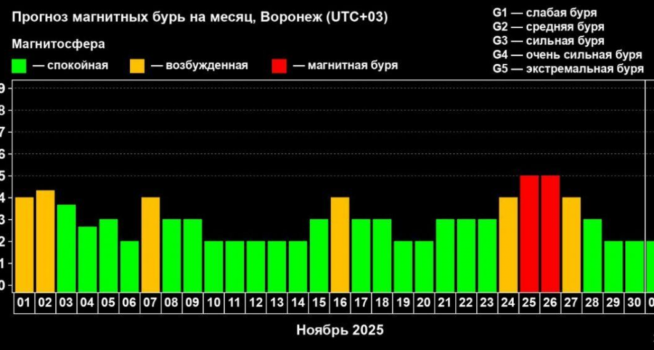 Слабая магнитная буря уровня G1 накроет Воронежскую область на два дня в конце ноября