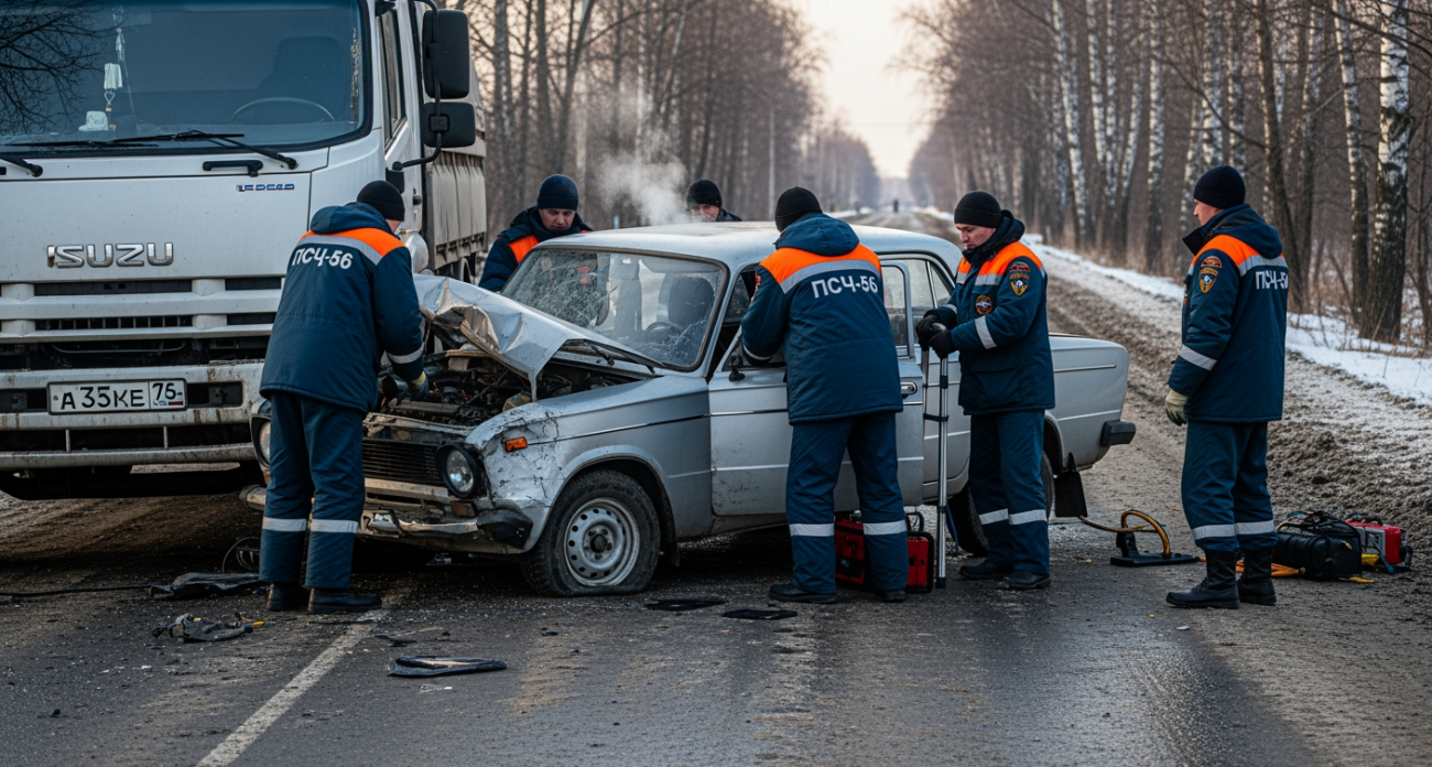 Грузовик «Исудзу» протаранил «ВАЗ-2106» под Воронежем: спасатели спешили на помощь